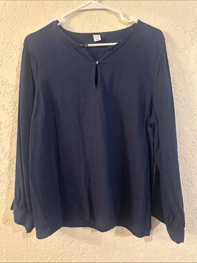 Women's Navy Long-Sleeve Keyhole Blouse